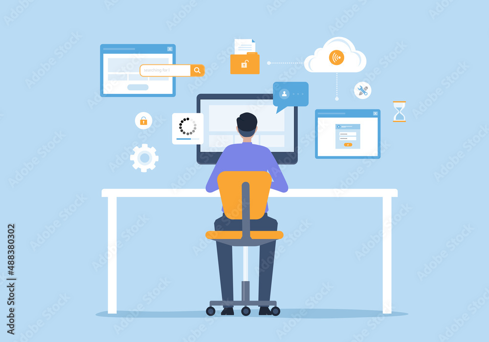 Poster flat vector business man working on monitor computer and design concept technology smart working online connect to cloud server network anywhere concept