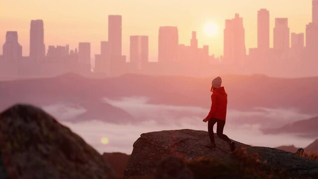 Young woman in orange jacket running up on top of mountain summit at sunset, raises arms into air, happy and drunk on life, youth and happiness. Big city silhouette on the background