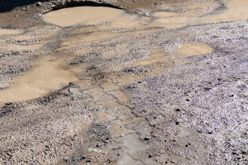 mud and dirty water puddle formed as a result of rain,