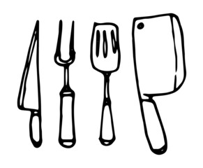 a set of kitchen appliances for barbecue. knife, two-pronged fork, cleaver, kitchen spatula icon drawn in doodle style, black insulated contour for chalon design
