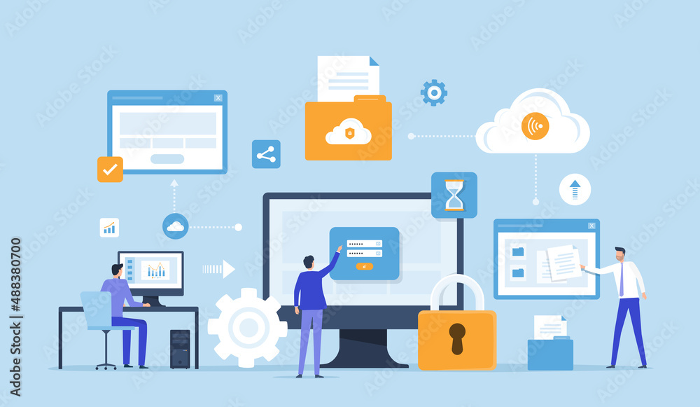 Aufkleber Business technology cloud computing service and technology file upload backup on cloud server storage concept with team administrator and developer working login on computer monitor