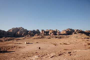 Landscape of Petra. Top view of the red mountains and the ruins of Petra. Jordan. Colorful photos.