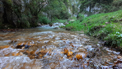 Mountain river close up. Shallow river among large stones. Rough course of the river Dambovita on Cheile Dambovicioarei.