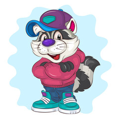 Pompous Cartoon Raccoon. An image of a pompous cartoon raccoon with his hands folded in front of him. Unique design, Childish illustration. © Andrey KENO