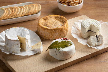 Wooden cheese board with variation of French cheese and pieces close up 