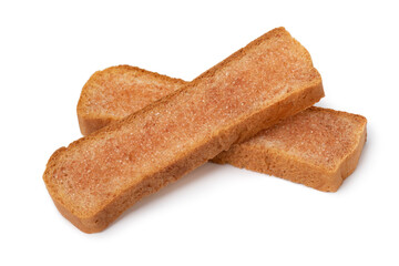 Pair of fresh traditional Dutch cinnamon biscuits close up isolated on white background