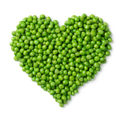 Fresh green peas in heart shape isolated on white background