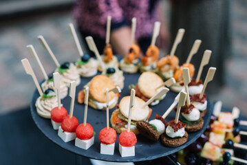Appetizers on plates. Catering service. Wedding welcome food..Fruits on skewers (blueberries, kiwi, pineapple) and canapes (shrimp, mozzarella, sun-dried tomatoes). Welcome buffet at the event.