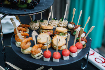 Appetizers on plates. Catering service. Wedding welcome food..Fruits on skewers (blueberries, kiwi, pineapple) and canapes (shrimp, mozzarella, sun-dried tomatoes). Welcome buffet at the event.