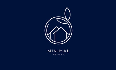 A line art icon logo of a house/home with a leaf circle	
