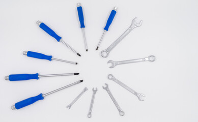 Basic mechanic tools. 7. Different types of wrenches, and screwdrivers.