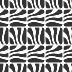 Abstract striped squares seamless vector pattern. Wavy stripes pattern. Repeating geometric shapes ornament. Simple black and white geometric background.