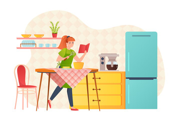 Woman cooking in kitchen at home flat concept people scene. Happy young girl mixing dough for dessert at table near fridge. Chef prepares homemade pastry. Vector illustration for web banner design