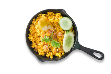 Top view of above of Chicken Biryani or Chicken with Yellow Rice foods. Or name of Thailand Khao Mok Gai on frying pan. on isolated white background with clipping path.