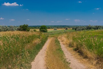 Rural landscape with an earth road through meadow to small  Ukrainian river Sura at summer season