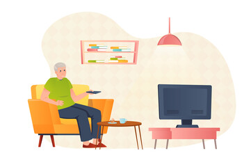 Elderly man watching TV at home flat concept people scene. Pensioner sits on armchair and switches channels. Grandfather enjoying movie in living room. Vector illustration for web banner design