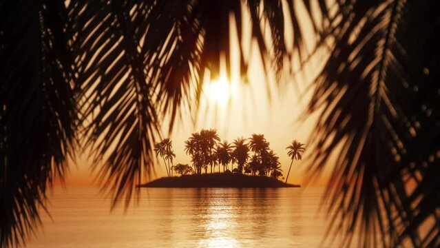 Tropical landscape with palm trees at sunset. Palm leaves silhouette. Tropical island at sunset. 3d animation