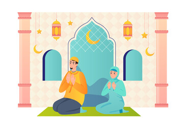 Muslim family praying at mosque in Ramadan flat concept people scene. Islamic couple sitting indoor in mosque. Man in traditional clothes and woman in hijab. Vector illustration for web banner design