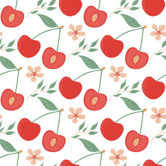 Seamless pattern with cherry, flowers and leaves. Fruit pattern.