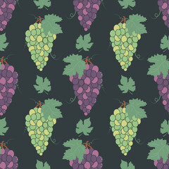 Seamless pattern with bunches of grapes and leaves. Fruit pattern.