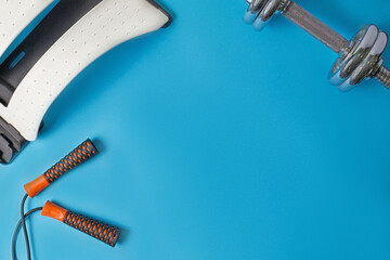 sports equipment on a blue background. High quality photo