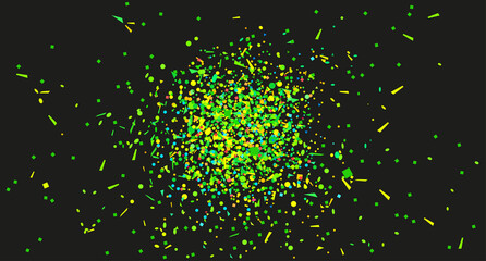 Confetti on isolated background. Texture with many glitters. Holiday elements on black. Pattern for flyers, banners and textiles. Greeting cards