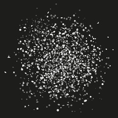 Confetti on isolated background. Texture with many glitters. Holiday elements on black. Pattern for flyers, banners and textiles. Greeting cards. Black and white illustration