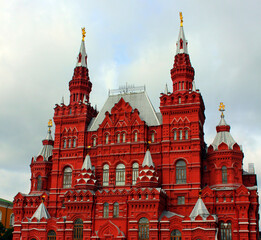 Fototapeta na wymiar State Historical Museum of Russia is a museum of Russian history located between Red Square and Manege Square in Moscow. Antique red brick building.