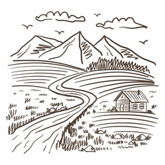 Hand-drawn landscape with a house on the background of mountains