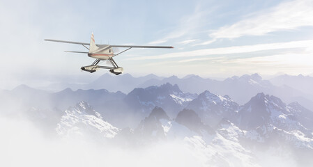 Seaplane Flying over the Rocky Mountains on West Coast Pacific Ocean at sunny evening. Adventure Composite. 3D Rendering Airplane. Background Image from Vancouver Island, British Columbia, Canada.
