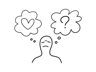 A man with frown face is thinking about love and something.