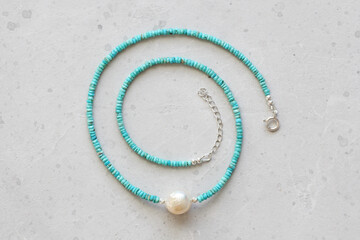 Turquoise, Kasumi pearl necklace. A short necklace made of natural turquoise, Kasumi pearl stones....