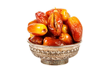 Beautiful bowl full of dates symbolizing Ramadan isolated on white background.