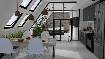 modern luxury apartment with Kitchen, Dining Area and Bedroom, 3d rendering