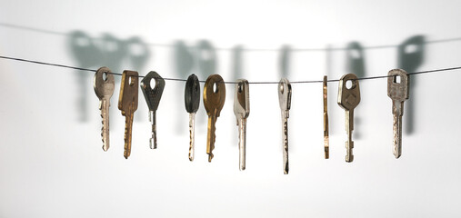 A different keys from different locks hanging on string with a drop shadow on a white wall