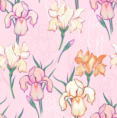 Delicate pink romantic feminine trendy stylish trendy textile wallpaper digital print pattern with iris flowers on a light pink background.
