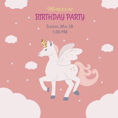 Birthday party invitation with unicorn on peach background