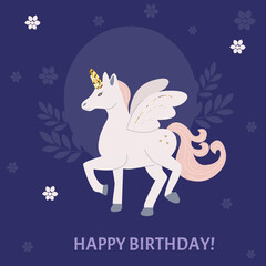 Unicorn birthday card with dark background