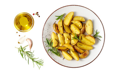 Fresh baked potatoes with olive oil, rosemary and garlic on vintage plate isolated on white