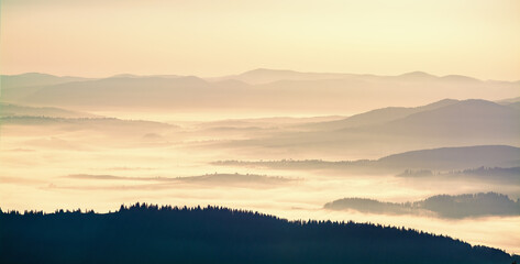 Beautiful sunrise in the Carpathians. Hills lines during sunrise. Beautiful natural landscape. Vibrant photo. Panoramic view.
