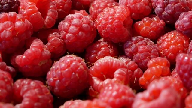 heap of fresh tasty raspberry as textured background, top view