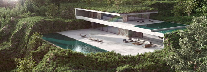 Modern facade house with terrace, swimming pool on green nature view background. Minimal architecture design. 3d render illustration exterior.