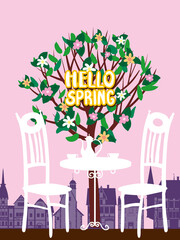 Hello Spring in the Europe city architecture, with tree blossoms. Street cafe, chairs, table, coffee pot. Vector illustration