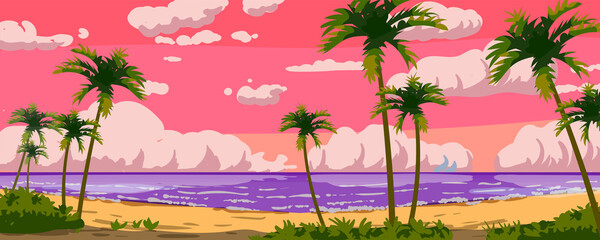 Fototapeta na wymiar Sunset Ocean Tropical resort landscape panorama. Sea shore beach, sun, exoti csilhouettes palms, coastline, clouds, sky, summer vacation. Vector illustration cartoon style