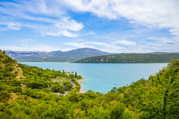 Fototapeta na wymiar Lake Sainte-Croix and mountains of the Verdon valley in Alpes de Haute Provence France