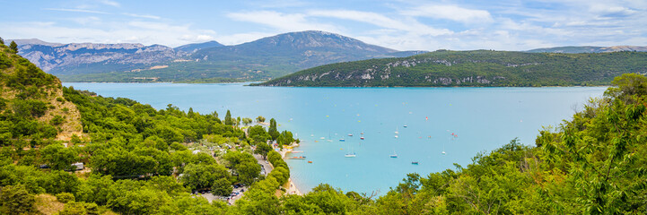 Panoramic view of the Lake of Sainte-Croix fed by the Verdon river, at the outlet of the Verdon...
