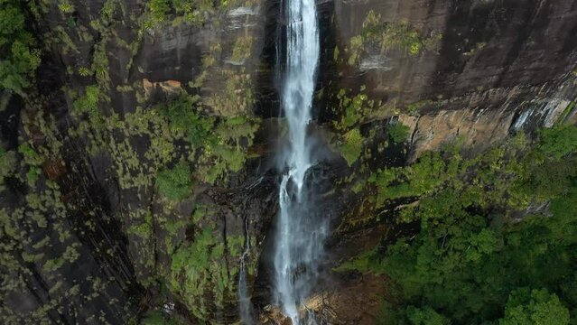 Aerial view of Diyaluma falls second highest waterfall in Sri Lanka