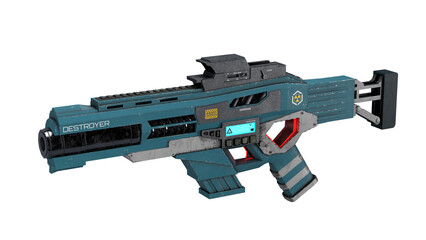 Isolated Weapon illustration on white background. Dark blue and black Assault rifle 3d for games, posters. Rendered blaster with grunge texture. Automatic assaul object. Robotical shotgun. © Kseniia Koval