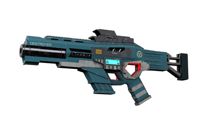 Isolated Weapon illustration on white background. Dark blue and black Assault rifle 3d for games, posters. Rendered blaster with grunge texture. Automatic assaul object. Robotical shotgun. © Kseniia Koval