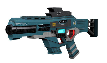 Isolated Weapon illustration on white background. Dark blue and black Assault rifle 3d for games, posters. Rendered blaster with grunge texture. Automatic assaul object. Robotical shotgun. © Kseniia Koval